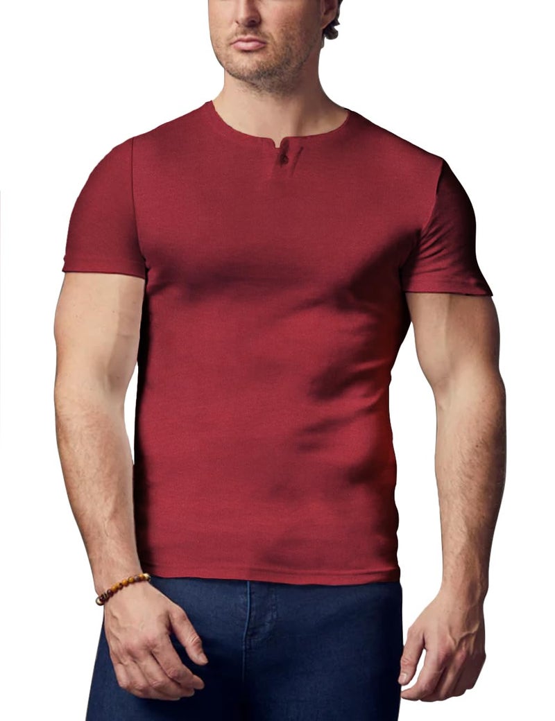 palglg Mens Short Sleeve Cotton Muscle Slim Fitted Sport Henley T-Shirt with Button Wine Red L - Image 1